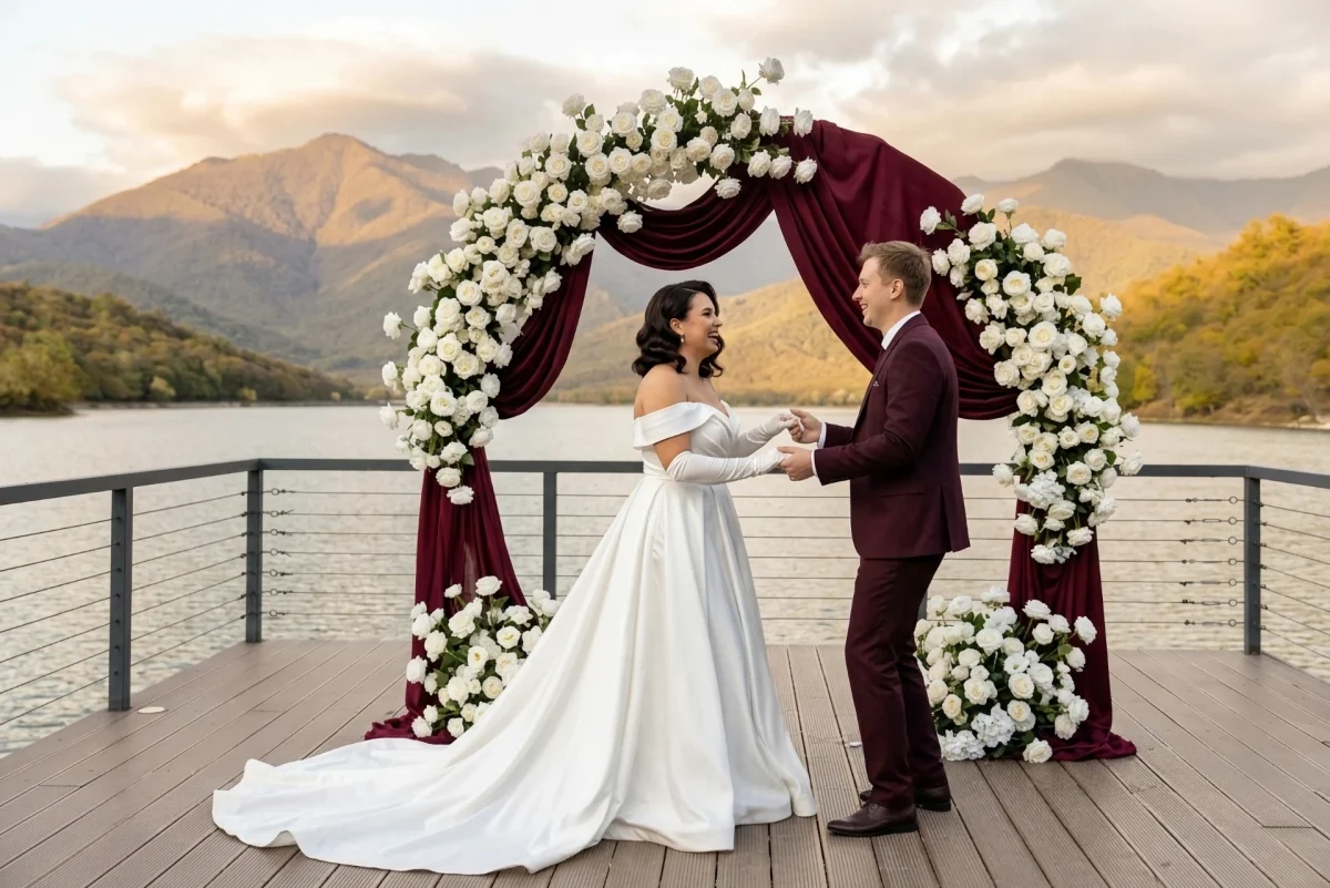Official marriage registration with a ceremony by a lake in Georgia