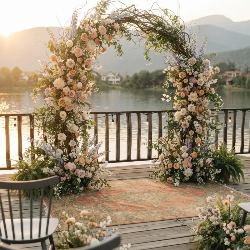 Outdoor wedding ceremony on a decorated pier in Georgia