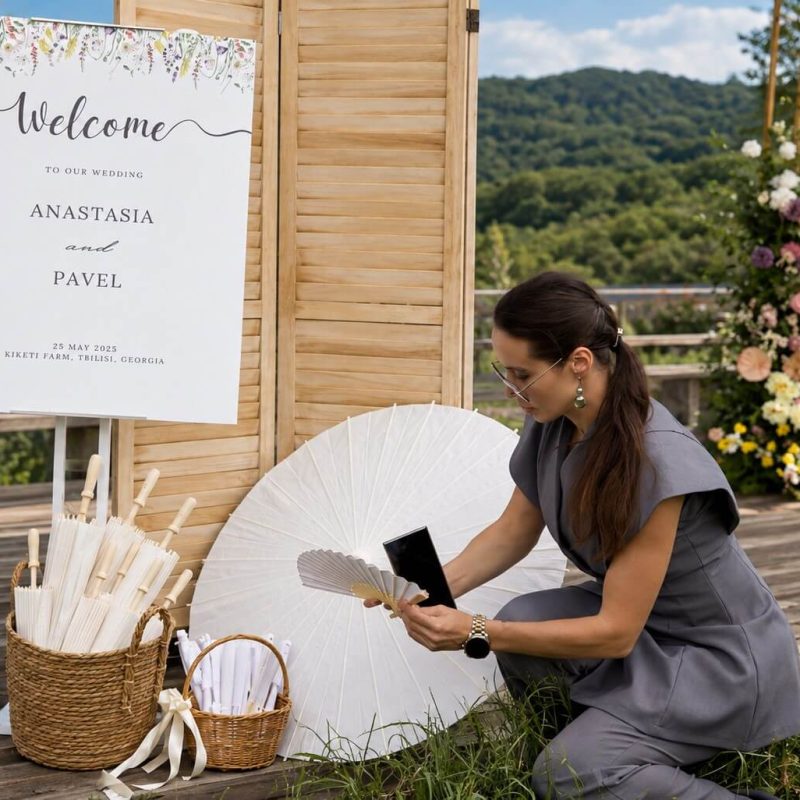 Wedding planner Elina organizing an open air wedding registration for foreign couples